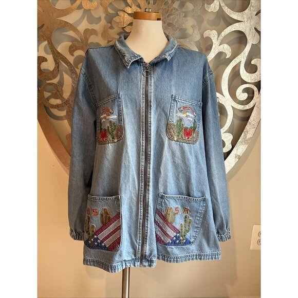 Passion-I Denim Jacket 2X Zip Arizona Grand Canyon State Embroidered Pockets USA - Picture 1 of 12